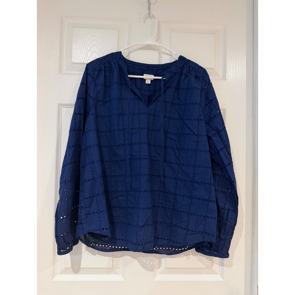 J.Crew Navy Blue Eyelet Cotton Long Sleeve V-Neck Tie Blouse Top Large